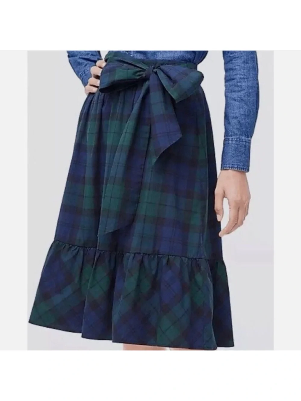J. Crew Factory AG866 Stewart Tartan Plaid Bow Midi Green Skirt 8